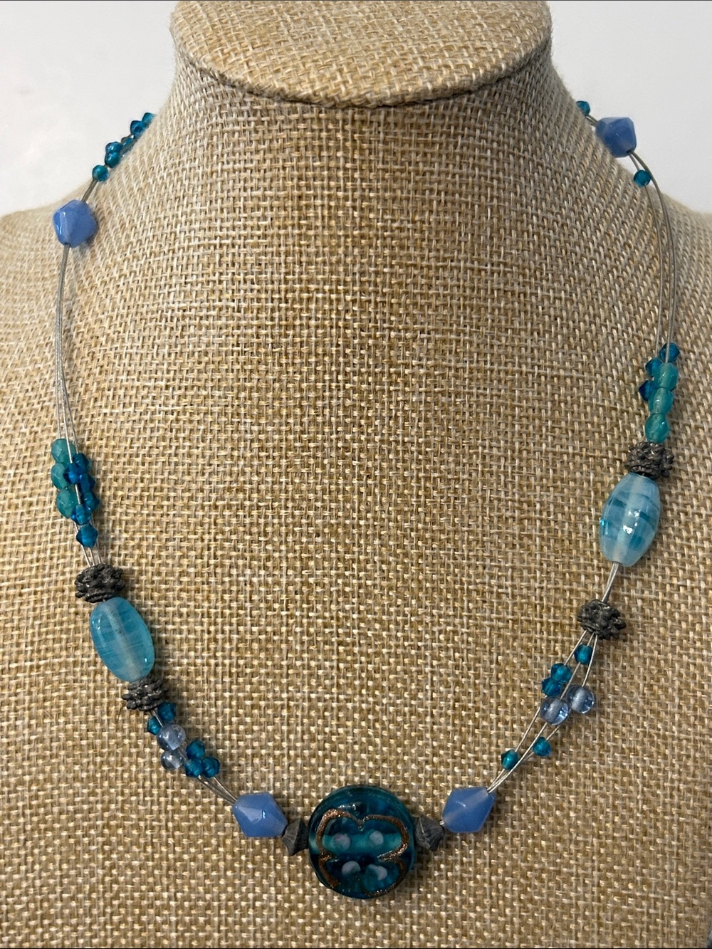 Handcrafted Blue Glass Beaded Necklace and mixed materials acrylic & metallic